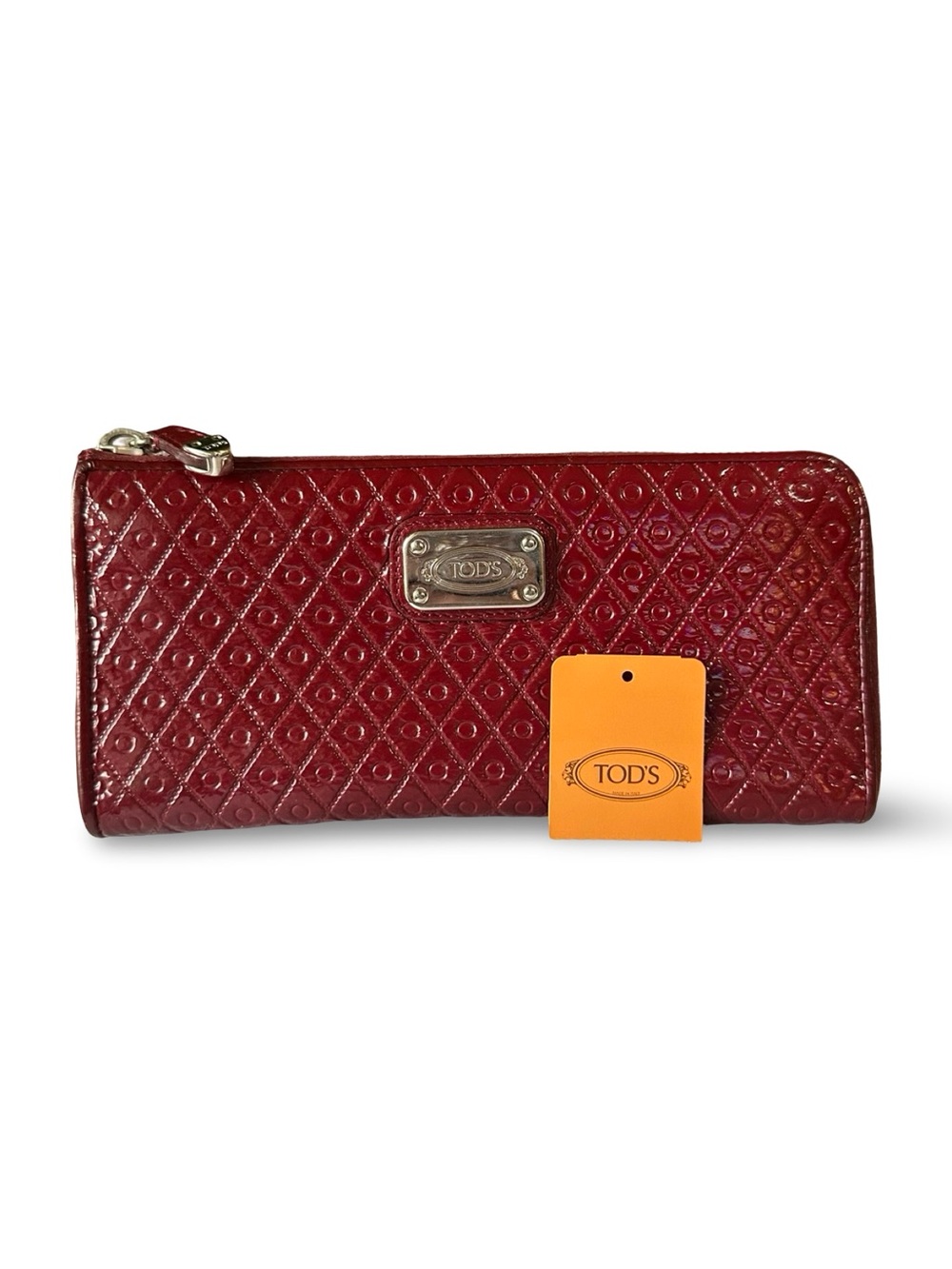Tod's Signature Red Patent Leather Zip-Around Continental Wallet - 7.75" x 3.75"